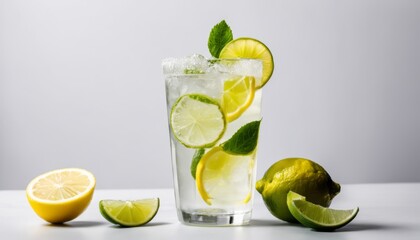 A glass of water with lemon and lime slices