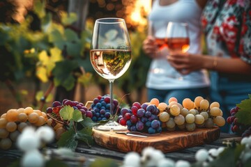 A person stands outdoors, holding a glass of wine and surrounded by natural foods, including a container of grapes, on a table adorned with elegant stemware and barware, evoking a sense of sophistica - obrazy, fototapety, plakaty