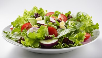 A white plate with a salad of lettuce, tomatoes, onions, and cheese