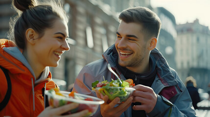 Naklejka premium Happy young couple in sports clothing eating fresh salads together - AI Generated