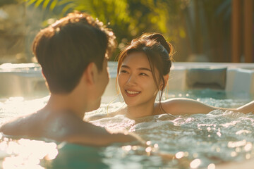 a beautiful asian couple enjoying their time in a hot tub - obrazy, fototapety, plakaty