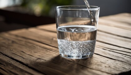 A glass of water on a wooden table