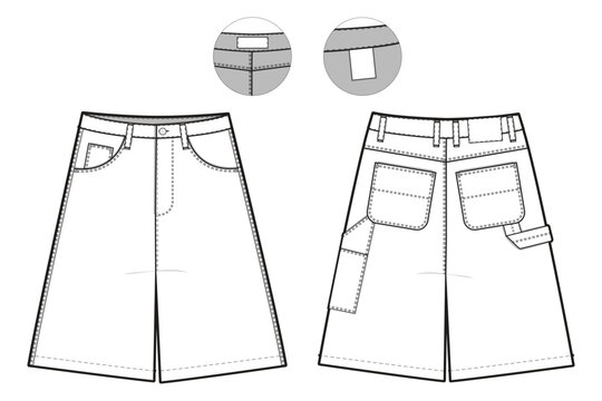 recommend clip art: Carpenter Shorts Flat Technical Drawing Illustration Blank Workwear Streetwear Mock-up Template for Design and Tech Packs CAD Skate