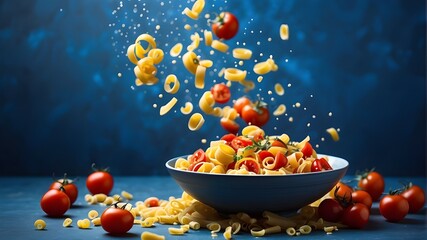 A gorgeous blue background with a bowl of pasta and tomatoes that are floating in midair, with room for writing or inscriptions