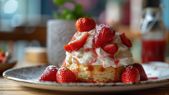 Strawberry shortcake with whipped cream on a kitchen table.