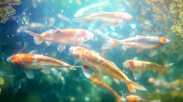 Group of koi carp underwater. Seamless looping time lapse 4k video animation background