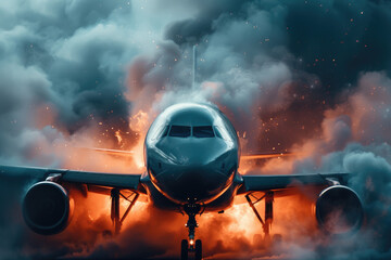 Airplane in the fire with smoke on the background - obrazy, fototapety, plakaty