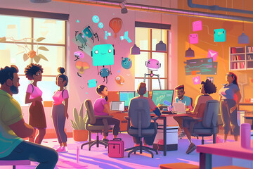 Diverse team having a fun brainstorming session in a colorful, open-concept office.