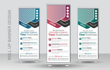 Corporate business roll up banner design template or racked banner design template and advertisement roll up banner template with three colors design