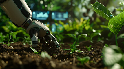 Harmonious blend of nature and advanced technology, with robotic arms gently planting seeds in fertile soil. T