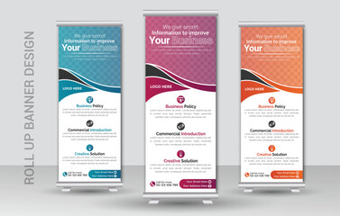 Corporate business roll up banner design template or racked banner design template and advertisement roll up banner template with three colors design