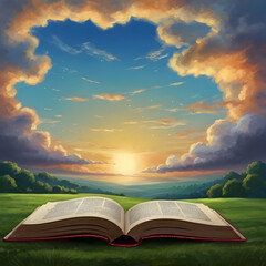 open book with grass and sky education  magic  pag light reading   nature,Ai generated 