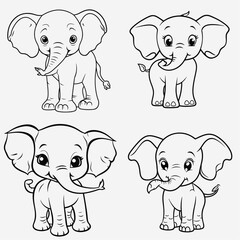 Vector black and white four baby elephants coloring pages, outline adorable elephant illustrations ready to be colored in