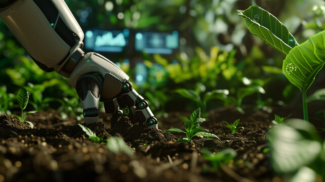Harmonious blend of nature and advanced technology, with robotic arms gently planting seeds in fertile soil. T