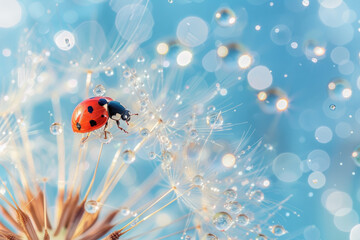 close up view of a ladybug on dandelion with water drops on blue sky background