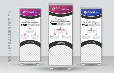 Corporate business roll up banner design template or racked banner design template and advertisement roll up banner template with three colors design