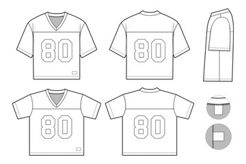 American football jersey top shirt team sports flat technical drawing illustration short sleeve blank streetwear mock-up template for design and tech packs women