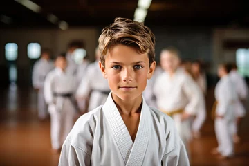Foto op Aluminium Cheerful european boy at judo or karate training session looking towards the camera © sorin