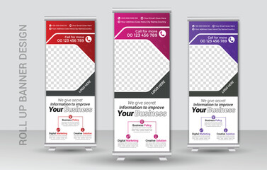 Corporate business roll up banner design template or racked banner design template and advertisement roll up banner template with three colors design