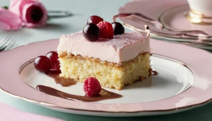 A slice of cake with raspberries and cherries on a pink plate