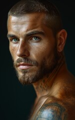 Fototapeta premium AI generated illustration of a natural male model portrait with captivating blue eyes