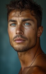 Obraz premium AI generated illustration of a natural male model portrait with captivating blue eyes