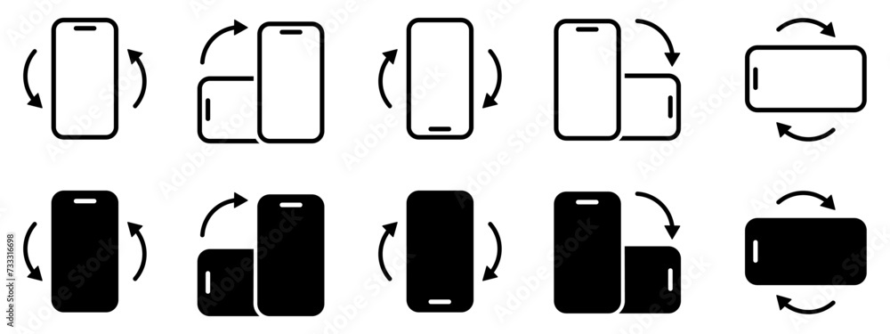 Poster Rotate mobile phone icon set, turn phone around, device rotation with arrows, rotate smartphone - vector