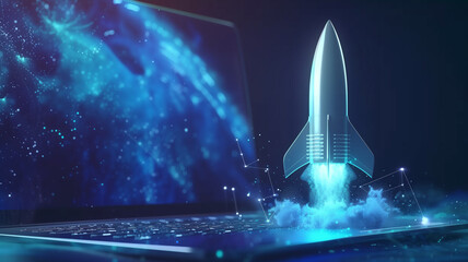 A sleek silver rocket blasting out of a modern laptop screen, with a deep blue digital background. - obrazy, fototapety, plakaty