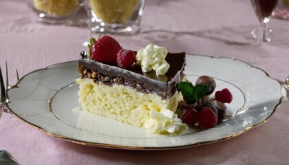 A slice of cake on a plate with strawberries and whipped cream
