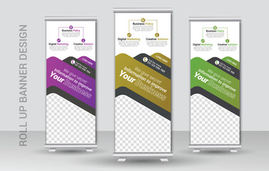 Corporate business roll up banner design template or racked banner design template and advertisement roll up banner template with three colors design