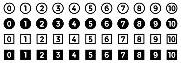Bullet points icon set, tumber buttons set, modern numbers button set in circle and square – vector