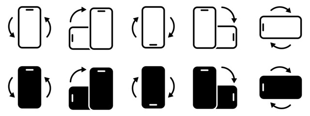 Rotate mobile phone icon set, turn phone around, device rotation with arrows, rotate smartphone - vector