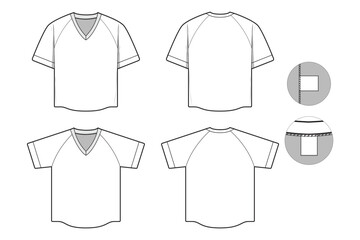 baseball raglan jersey sports team top t-shirt flat technical drawing illustration short sleeve blank streetwear mock-up template for design and tech packs women