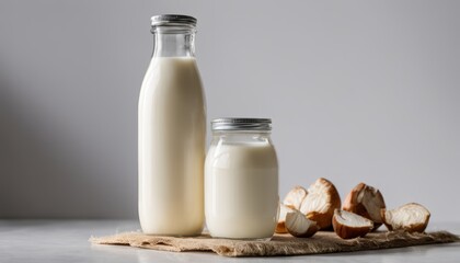 Fototapeta na wymiar Milk and cream in jars and a jar of nuts on a brown cloth