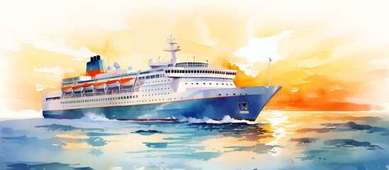 Watercolor illustration of a cruise ship in the sea at sunset. Summer..