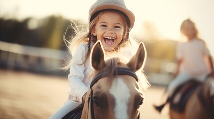 Smiling girl riding horse at equitation lesson, wearing helmet, looking at camera - Powered by Adobe