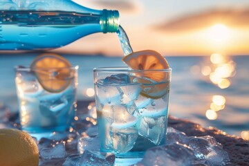 A refreshing summer drink, crystal clear and chilled to perfection, served in a tall glass with slices of tangy lemon and floating ice cubes, beckoning to be savored under the warm blue sky - obrazy, fototapety, plakaty