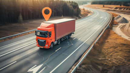 Cargo  delivery truck on highway gps map navigation point icon, Fast courier delivery tracking concept
