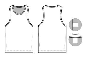 sleeveless tank top shirt flat technical drawing illustration short sleeve with binding collar blank streetwear mock-up template for design and tech packs women