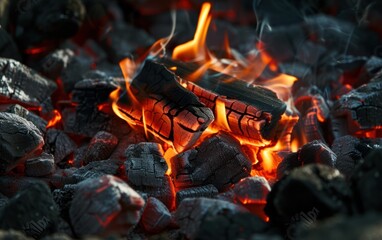 Barbecue Grill Pit With Glowing And Flaming Hot Charcoal Briquettes, charcoal fire.