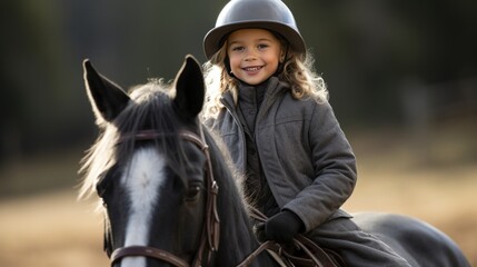 Obraz premium Happy girl riding horse, wearing horseriding helmet for equitation lesson, looking at camera
