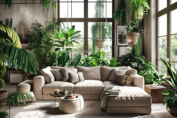 modern house and apartment and luxury cozy living room and wall pattern, many plants