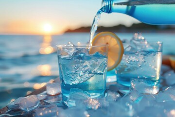 A refreshing splash of cool blue in a glass, perfect for quenching thirst on a hot day spent in the...