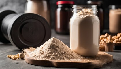 A jar of peanut butter sits on a table next to a jar of powdered peanut butter