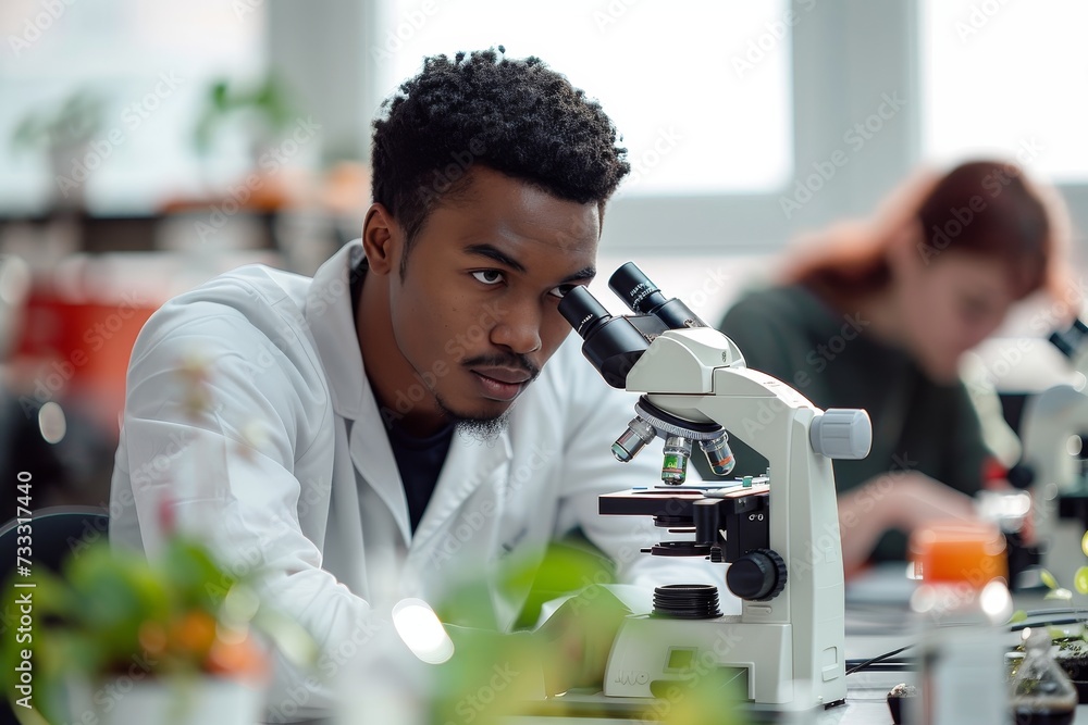 Aufkleber a scientist in a laboratory gazes through a microscope, his face illuminated by the soft glow of sci