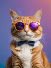 Cheerful ginger cat sporting sunglasses poses against a elegant color background, creating a fresh summer vibe.