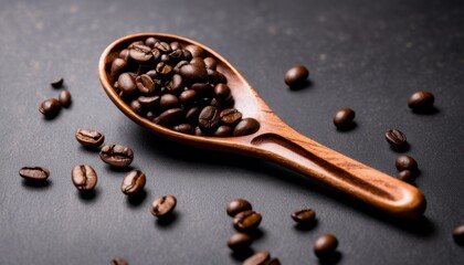 A wooden spoon filled with coffee beans