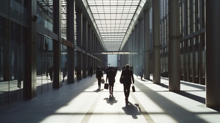 busy professionals walking in a sunlit modern corporate hallway