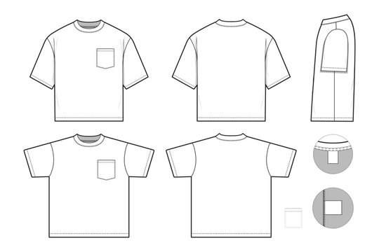 regular fit tee top pocket t-shirt flat technical drawing illustration short sleeve blank streetwear mock-up template for design and tech packs women