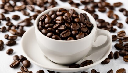 A cup of coffee beans on a white table